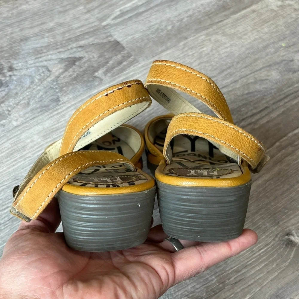 Fly London Yellow Leather‎ Wedge Peep Toe Ankle Strap Sandals EU 38 US 7.5